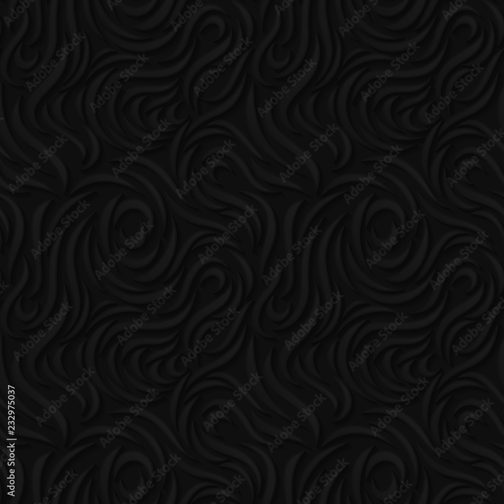 Abstract seamless background. Black curves with shadows. Stock vector endless backdrop.