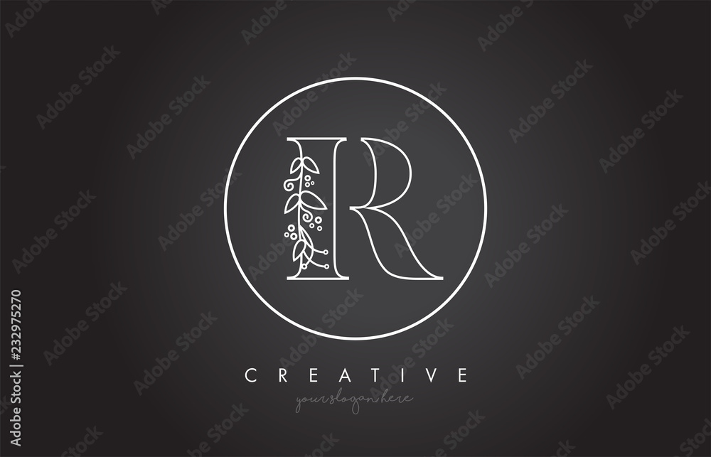R Letter Logo With Organic Monogram Plant Leafs Detail and Circle Design R Letter Logo With Organic Monogram Plant Leafs Detail and Circle Design