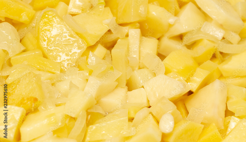 Fried potatoes in the pan as a background Fried potatoes in the pan as a background