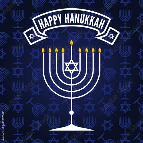 Happy Hanukkah poster or greeting card with menorah. Vector illustration.