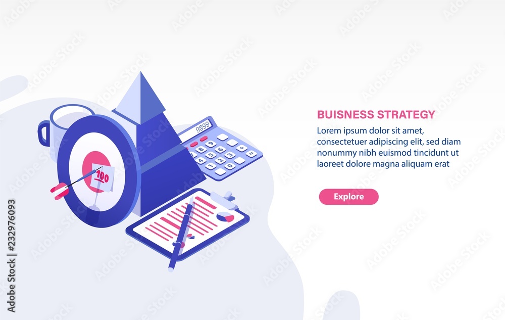 Web banner template with target and arrow, document, calculator and place for text. Business planning, strategy for project goal achievement, strategic development. Isometric vector illustration. Web banner template with target and arrow, document, calculator and place for text. Business planning, strategy for project goal achievement, strategic development. Isometric vector illustration.