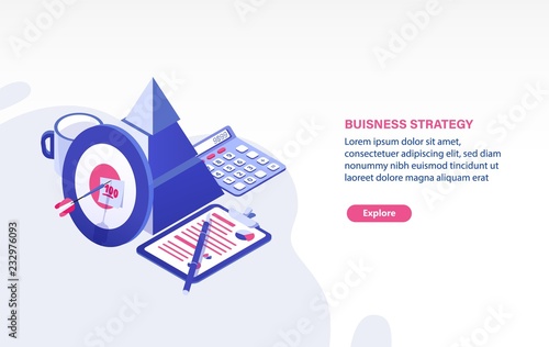 Web banner template with target and arrow, document, calculator and place for text. Business planning, strategy for project goal achievement, strategic development. Isometric vector illustration.