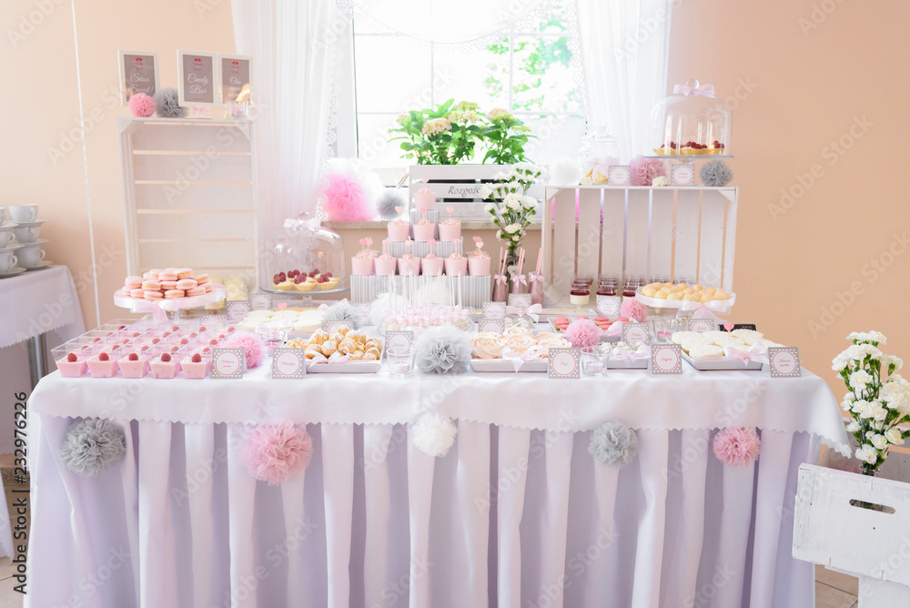 Lovely pastel pink candy bar at the wedding party Stock Photo | Adobe Stock