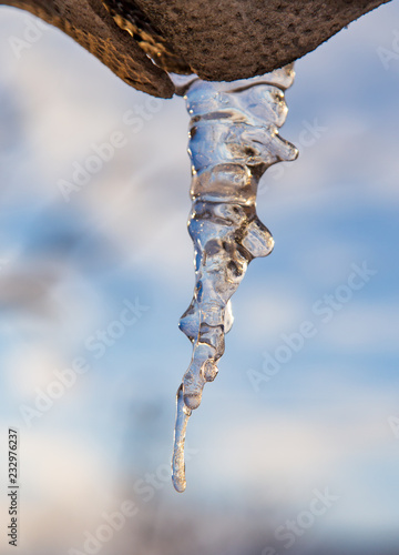 Icicle melts against the backdrop of sunset in winter