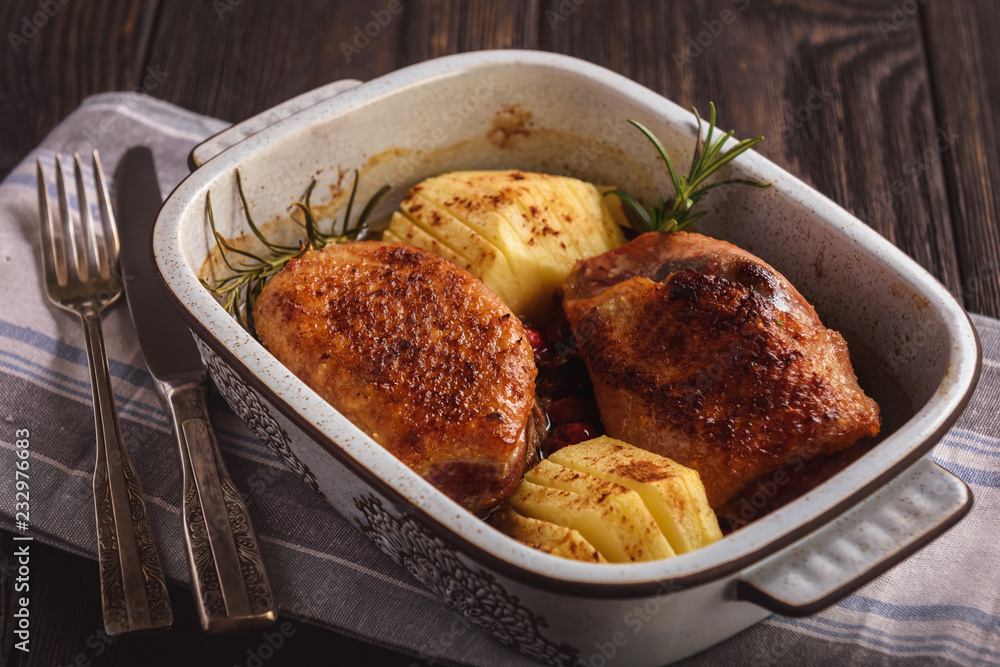 Roasted duck breast with apples and cranberries. Roasted duck breast with apples and cranberries.