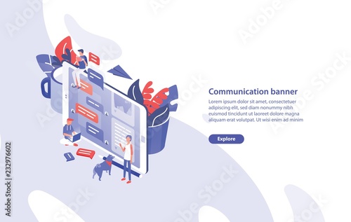 Web banner template with giant smartphone, tiny people around it and place for text. Communication, instant messaging, messengers and social networks. Creative isometric vector illustration.