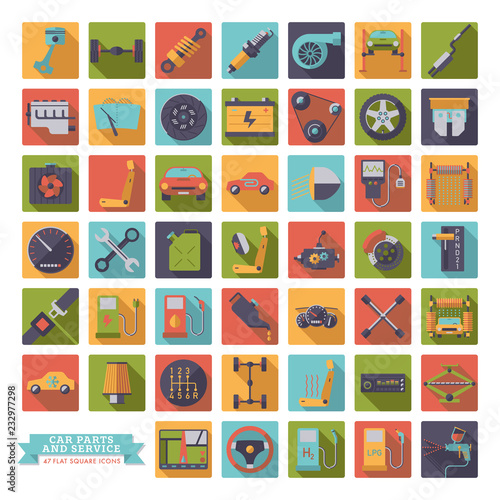 Car parts and service flat design vector icons