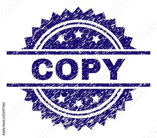 COPY stamp seal watermark with distress style. Blue vector rubber print of COPY tag with scratched texture.