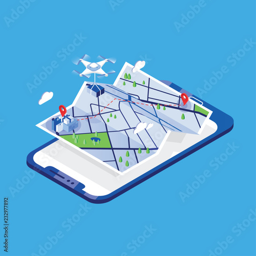 Drone carrying parcel and flying above paper city map and giant mobile phone
