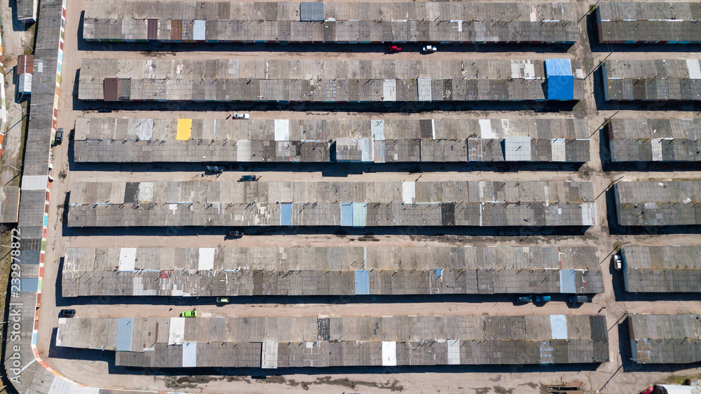 Aerial view of a large number of parking garages Aerial view of a large number of parking garages