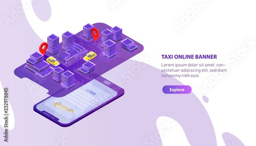 Creative web banner template with mobile phone projecting city map with taxi cabs locator. Colorful isometric vector illustration for smartphone app promo, internet car booking service advertisement.