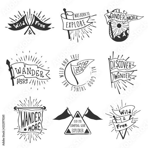 Set of adventure and outdoors flag emblems. Retro monochrome labels with light rays. Hand drawn wanderlust style. Pennant travel flags design. Logo templates