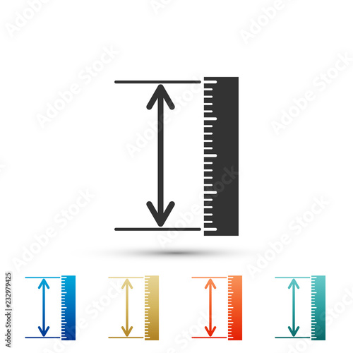 The measuring height and length icon isolated on white background. Ruler, straightedge, scale symbol. Geometrical instruments. Set elements in colored icons. Flat design. Vector Illustration