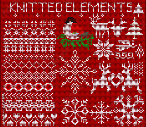 Set of knitted elements, ornaments, snowflakes and other Christmas decorations on a red background