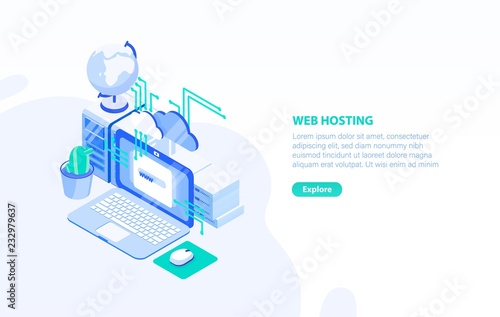 Creative horizontal banner template with laptop computer, server and place for text. Web or internet hosting technology, website support service. Modern colorful isometric vector illustration.