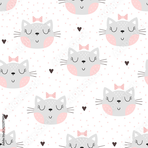 Seamless pattern with cute little cat. vector illustration.