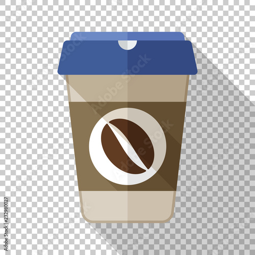 Coffee cup flat icon with long shadow on transparent background