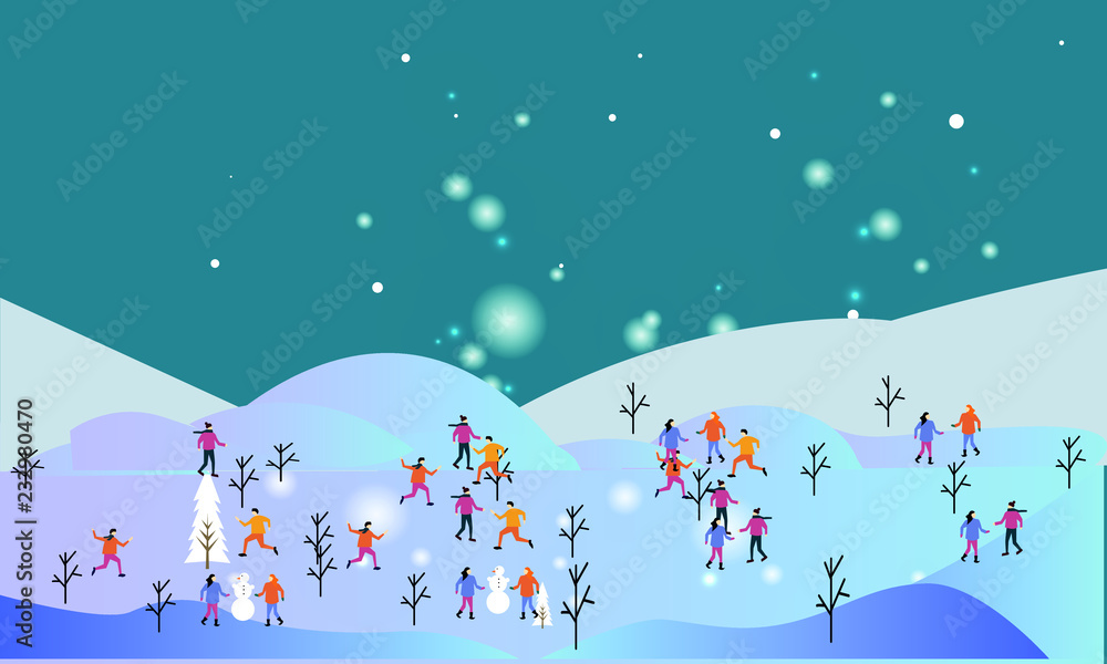 Snow and snowflakes, flat design playing people, winter fun
