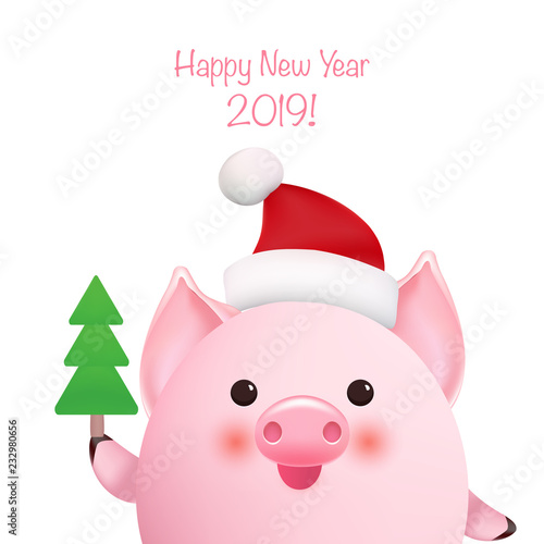 Cute little pig, wearing red Santa hat and holding Christmas tree in his hand. Chinese New Year mascot of the pig. Greeting card. Vector illustration.