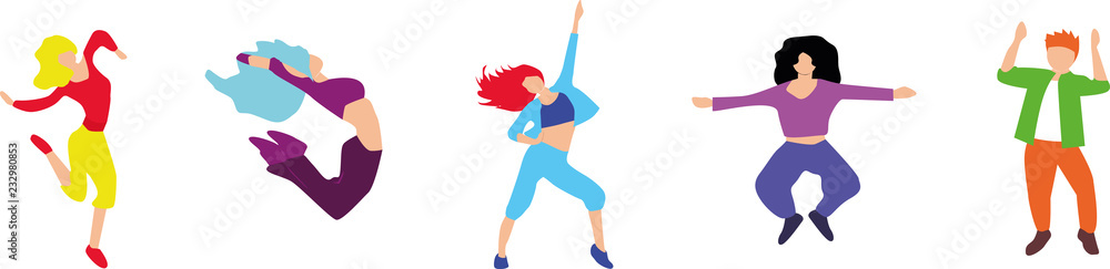 Group of young happy dancing people isolated on white background. Vector illustration. Group of young happy dancing people isolated on white background. Vector illustration.