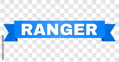 RANGER text on a ribbon. Designed with white title and blue stripe. Vector banner with RANGER tag on a transparent background.