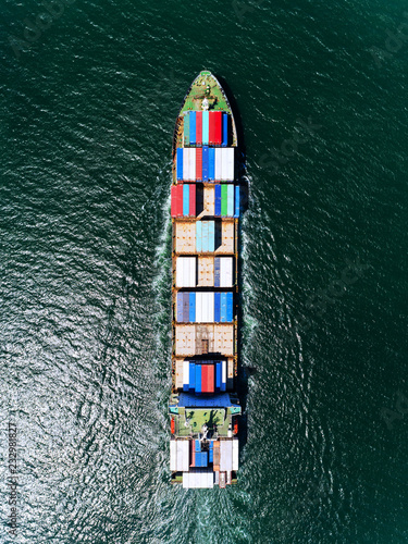 Aerial view container ship or carry ship with container in the sea for import export logistics or transportation concept background.