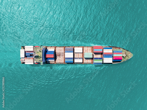 Aerial view container ship to sea port for loading container for logistics import  export or transportation concept background.