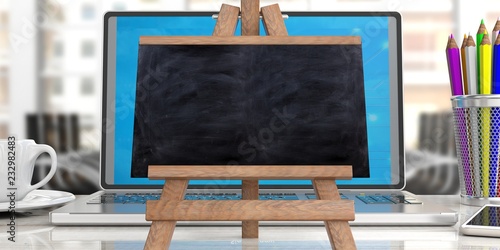 Blackboard on easel against office background, 3d illustration.