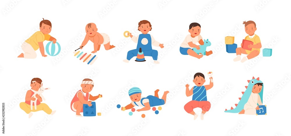 Collection of happy adorable babies playing with various toys - building kit, ball, rattle. Set of playful infant children isolated on white background. Flat cartoon colorful vector illustration. Collection of happy adorable babies playing with various toys - building kit, ball, rattle. Set of playful infant children isolated on white background. Flat cartoon colorful vector illustration.