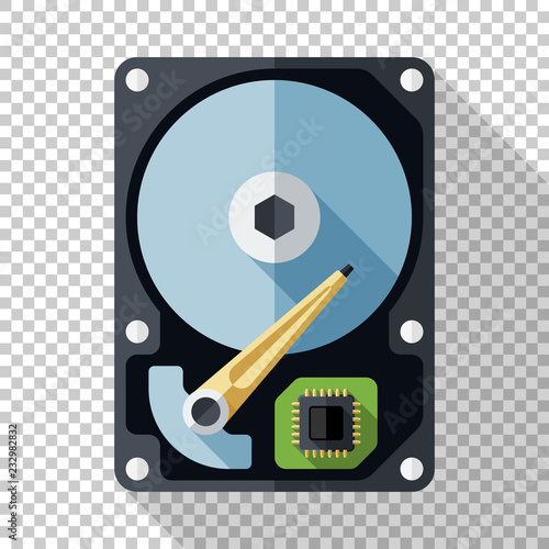 Hard disk drive or HDD icon in flat style with long shadow on transparent background
