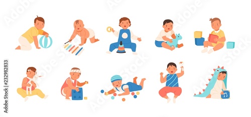Collection of happy adorable babies playing with various toys - building kit, ball, rattle. Set of playful infant children isolated on white background. Flat cartoon colorful vector illustration.