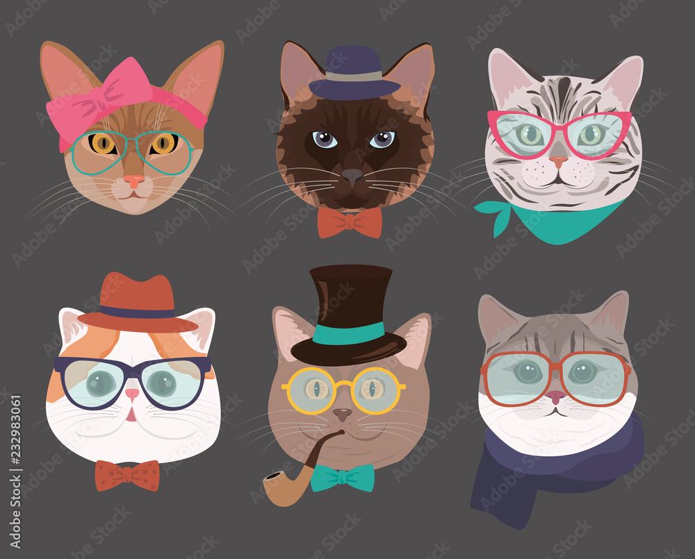 Set of hipster cats of different breeds. Editable vector illustration