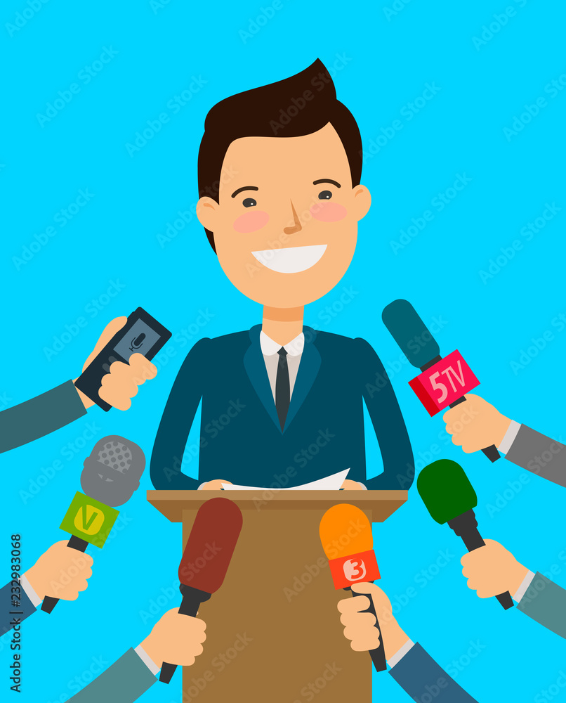 Press Conference. Public speaker, interview with journalists. Cartoon vector illustration Press Conference. Public speaker, interview with journalists. Cartoon vector illustration