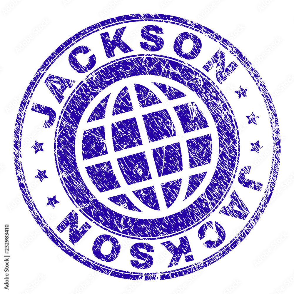 JACKSON stamp print with grunge effect. Blue vector rubber seal print of JACKSON label with grunge texture. Seal has words arranged by circle and globe symbol.