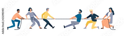 Two groups of people pulling opposite ends of rope isolated on white background. Tug of war contest between office workers. Concept of business competition. Vector illustration in flat cartoon style.