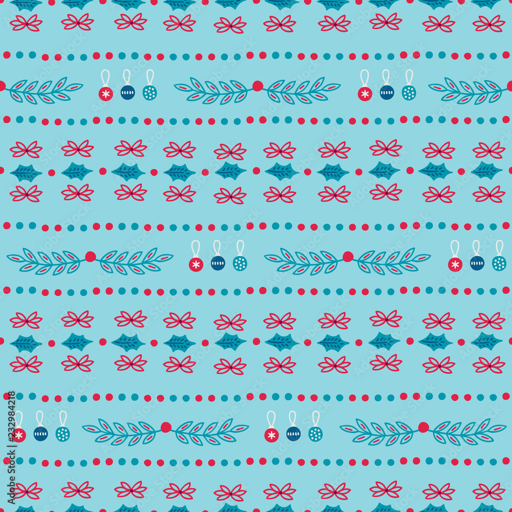 Christmas seamless pattern with ball, leaves and stripes Christmas seamless pattern with ball, leaves and stripes