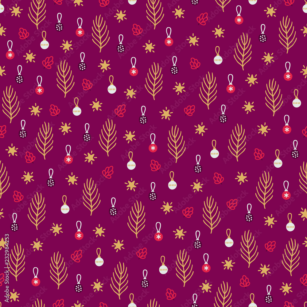 Christmas seamless pattern with fir branches, star, ball, cones