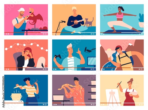 Collection of young men and women demonstrating their skills or teaching through internet. Bundle of video guides, DIY tutorials or webinars. Colorful vector illustration in flat cartoon style.