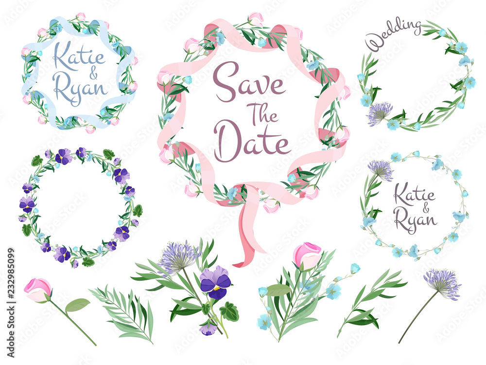 Floral branches frames. Flowering wreath ribbons hearts cute vector set for design greeting invitation cards. Floral frame for invitation, wreath with ribbon illustration Floral branches frames. Flowering wreath ribbons hearts cute vector set for design greeting invitation cards. Floral frame for invitation, wreath with ribbon illustration