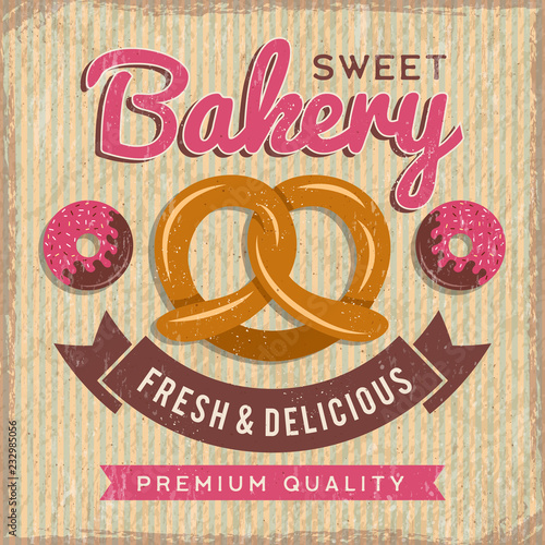 Bakery poster design. Bread and donuts with cupcakes fresh foods vector illustration for vintage placard of bakery shop or market. Bakery and cake, food dessert sweet, pastry shop banner menu