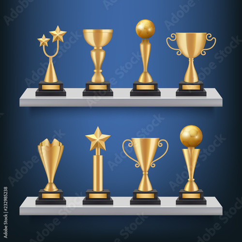 Awards shelves. Trophies medals and cups on bookshelf vector realistic concept of sport competition winners. Trophy cup for winner, success prize illustration