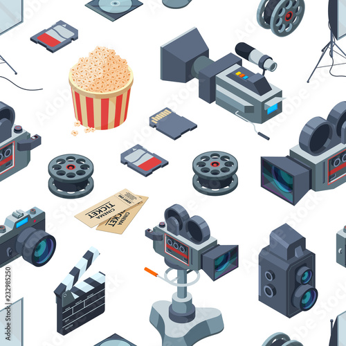Vector cinematograph isometric elements pattern or background illustration. Seamless pattern cinema, isometric film and video, 3d cinematography production