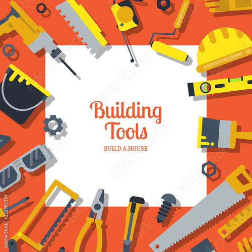 Vector flat construction tools background with place for text illustration. Electric and handy instrument, tools saw and drill equipment