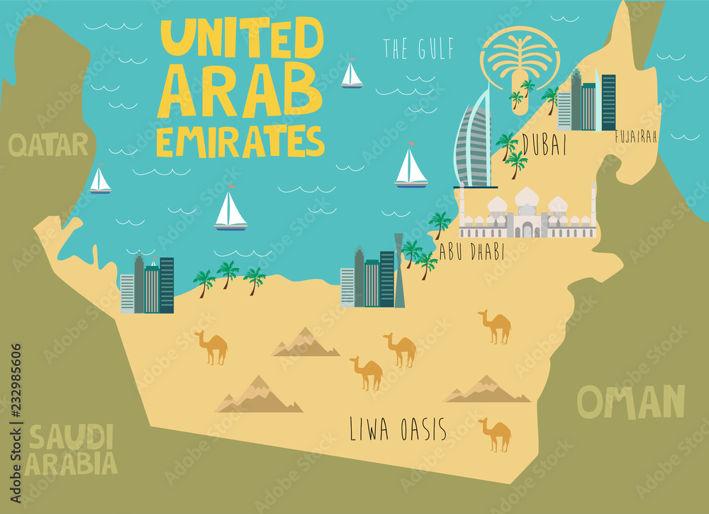 Fototapeta premium Illustration map of United Arab Emirates with nature, animals and landmarks. Editable Vector illustration