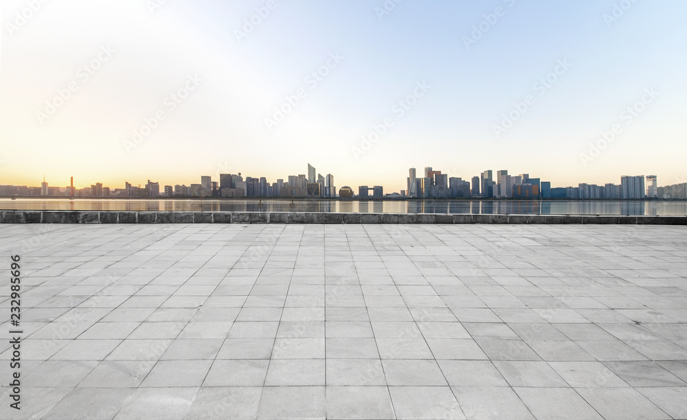 Panoramic skyline and buildings with empty concrete square floor，hangzhou,china