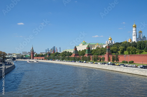 Beautiful view of the Moscow Kremlin and the Kremlin embankment on a Sunny summer day. Moscow, Russia