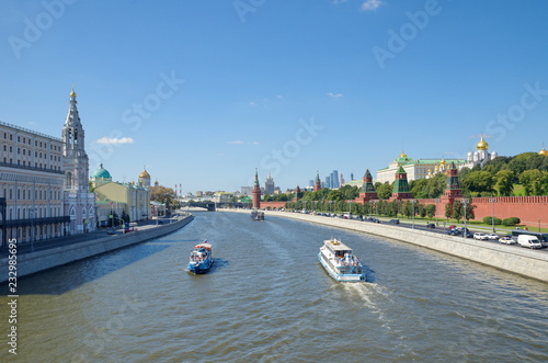 Summer view of the Sofiyskaya and Kremlin embankments and the Moscow Kremlin on a Sunny day. Moscow, Russia