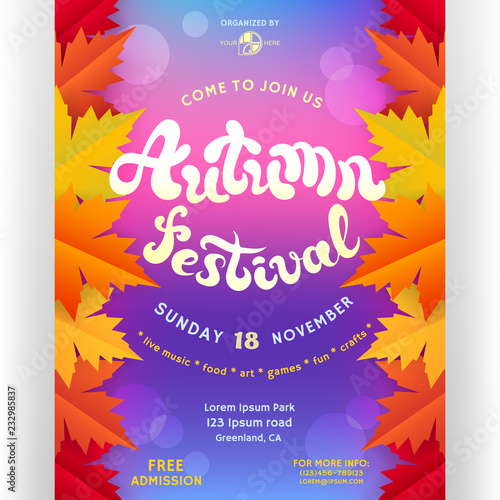 Autumn festival poster design. Customized text and abstract maple leaves.