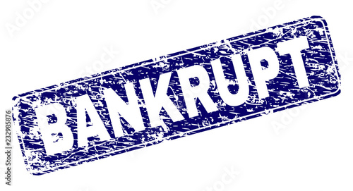 BANKRUPT stamp seal print with grunge texture. Seal shape is a rounded rectangle with frame. Blue vector rubber print of BANKRUPT label with grunge texture.