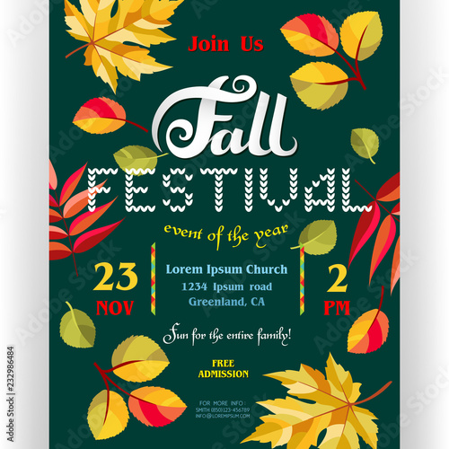 Fall festival poster template with text customized for invitation and autumn leaves.